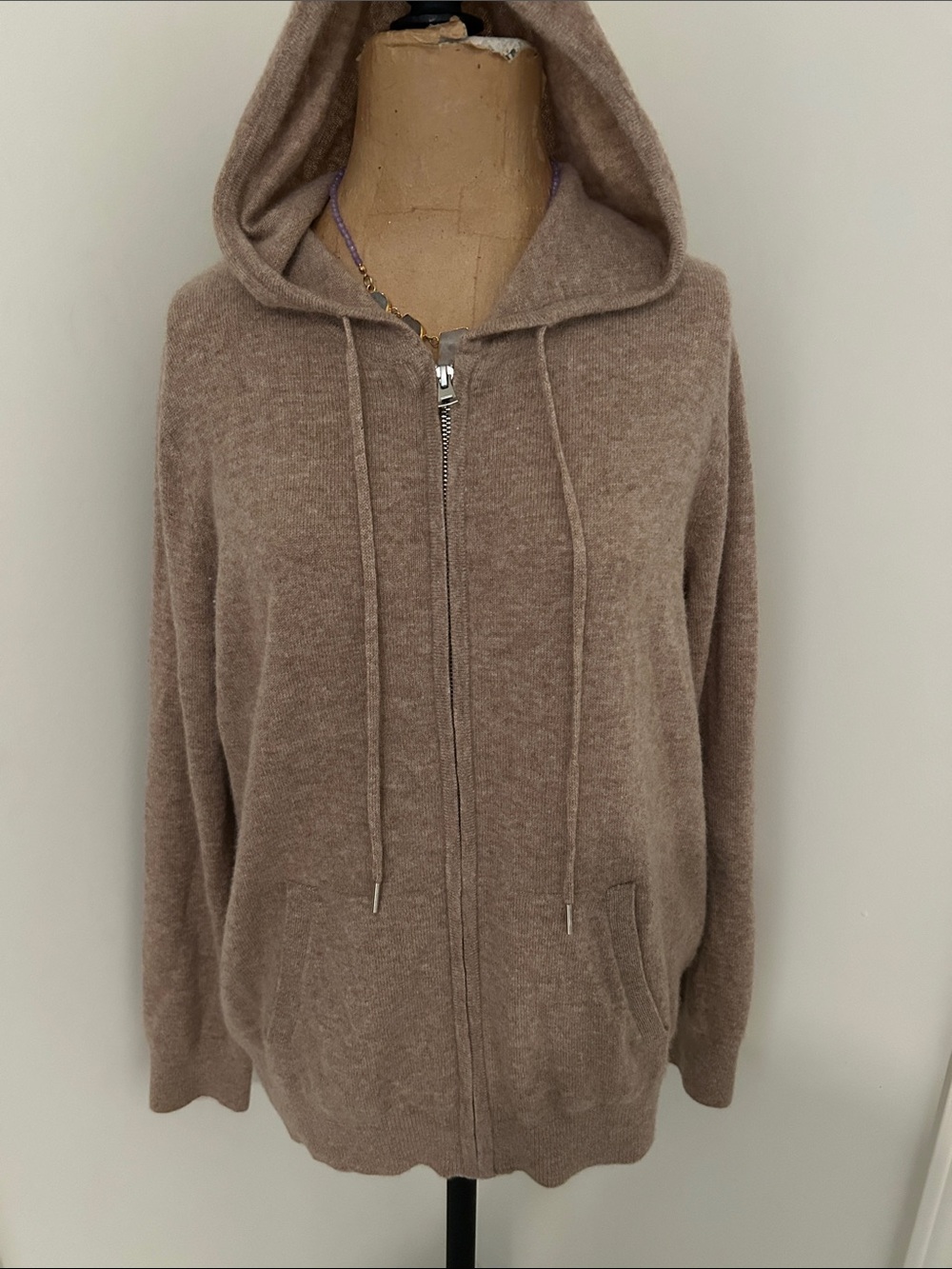 Quince Cashmere Hooded Zip-Front Women's Sweater Jacket in Taupe